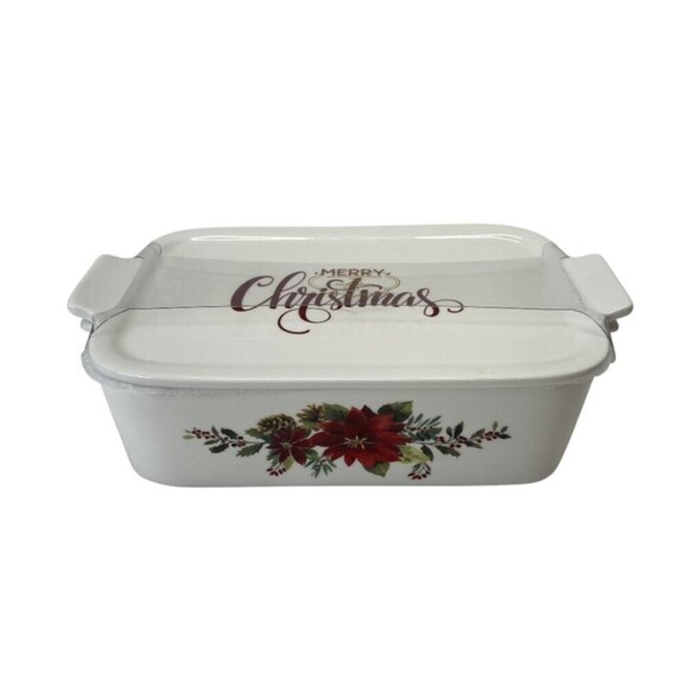 Grace Pantry Elegant Porcelain Christmas Baking Dish w/ Lid Poinsettia Design